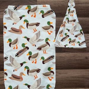 Duck Print Swaddle and Hat Set